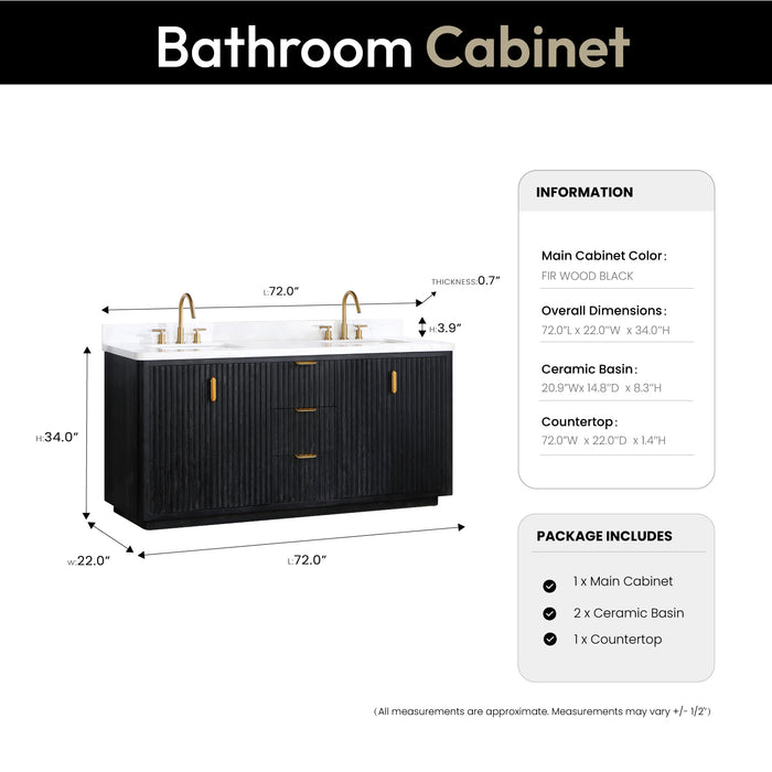 72-Inch Eden Double Sink Vanity – Freestanding Black Wood Cabinet with Lightning White Stone Top