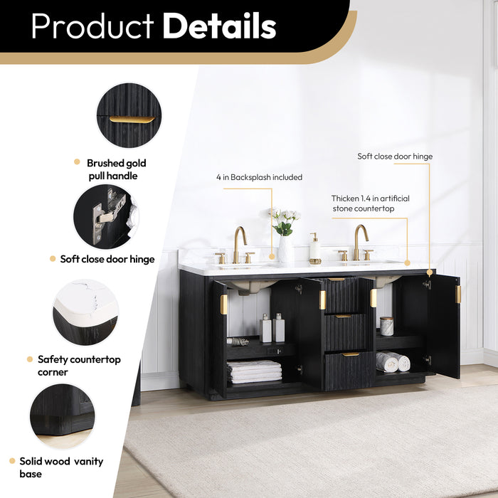 72-Inch Eden Double Sink Vanity – Freestanding Black Wood Cabinet with Lightning White Stone Top