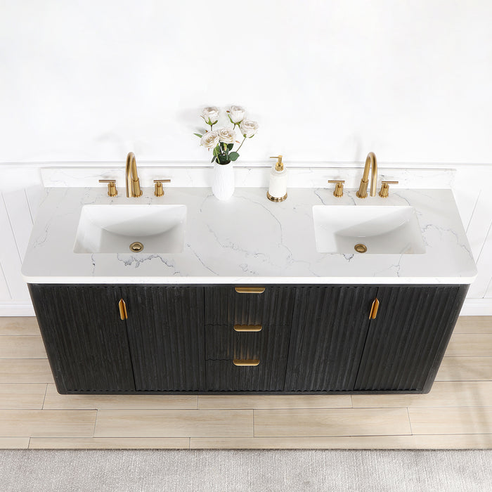 72-Inch Eden Double Sink Vanity – Freestanding Black Wood Cabinet with Lightning White Stone Top