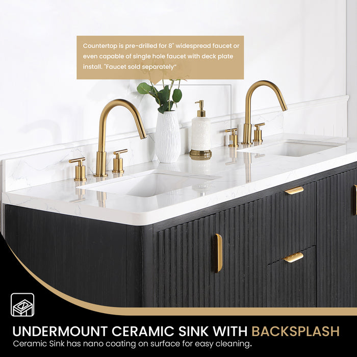 72-Inch Eden Double Sink Vanity – Freestanding Black Wood Cabinet with Lightning White Stone Top