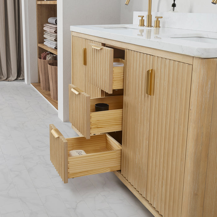 72-Inch Chara Bathroom Vanity – Washed Ash Grey Finish with Dual Sinks & White Composite Countertop