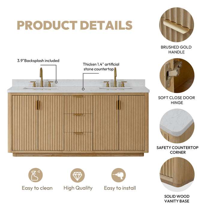 72-Inch Chara Bathroom Vanity – Washed Ash Grey Finish with Dual Sinks & White Composite Countertop