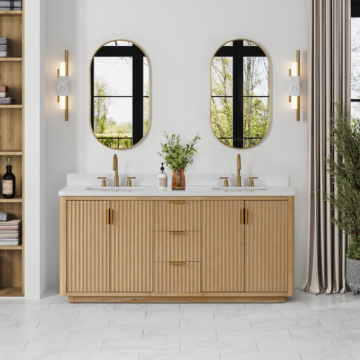 72-Inch Chara Bathroom Vanity – Washed Ash Grey Finish with Dual Sinks & White Composite Countertop