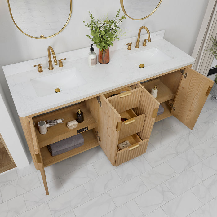72-Inch Chara Bathroom Vanity – Washed Ash Grey Finish with Dual Sinks & White Composite Countertop