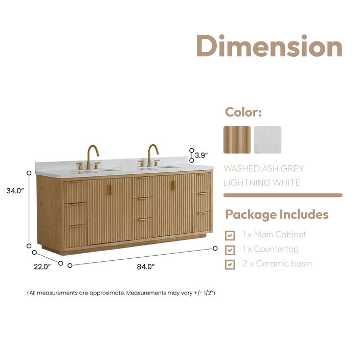 84-Inch Claret Vanity – Ash Grey Cabinet with White Composite Countertop & Double Sink