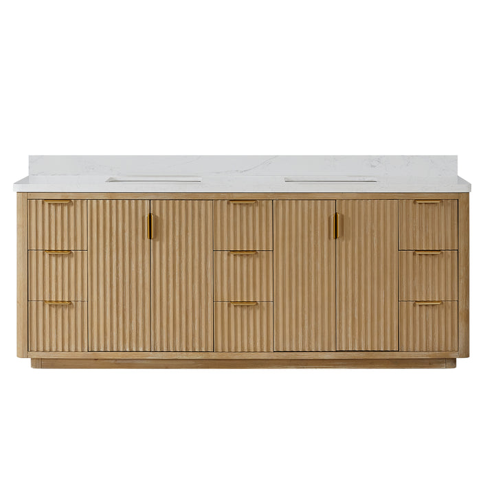 84-Inch Claret Vanity – Ash Grey Cabinet with White Composite Countertop & Double Sink
