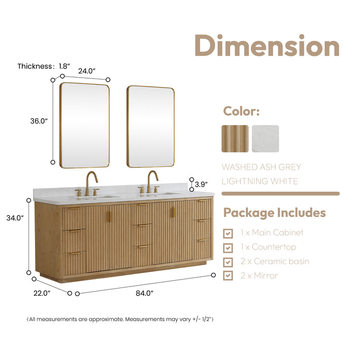 Cádiz 84in. Free-standing Double Bathroom Vanity in Washed Ash Grey with Composite top in Lightning White and Mirror