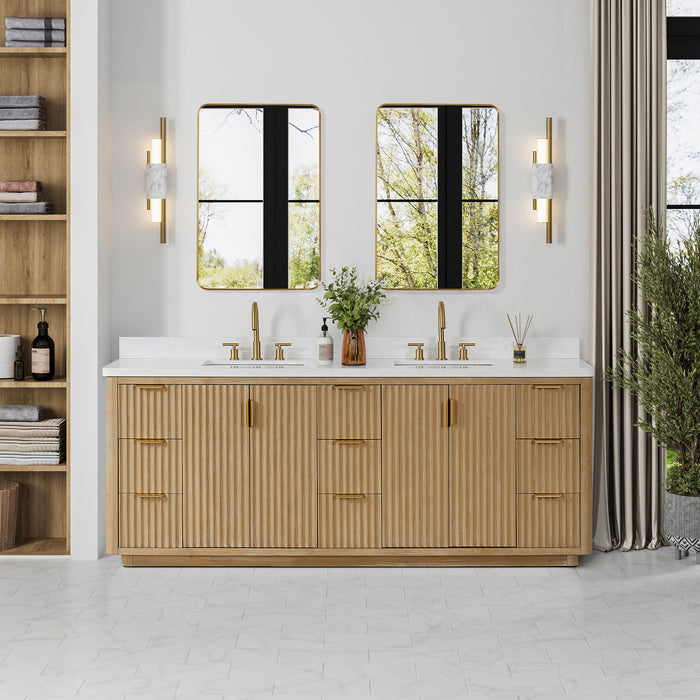 Cádiz 84in. Free-standing Double Bathroom Vanity in Washed Ash Grey with Composite top in Lightning White and Mirror