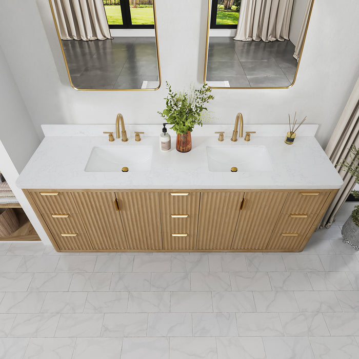 Cádiz 84in. Free-standing Double Bathroom Vanity in Washed Ash Grey with Composite top in Lightning White and Mirror