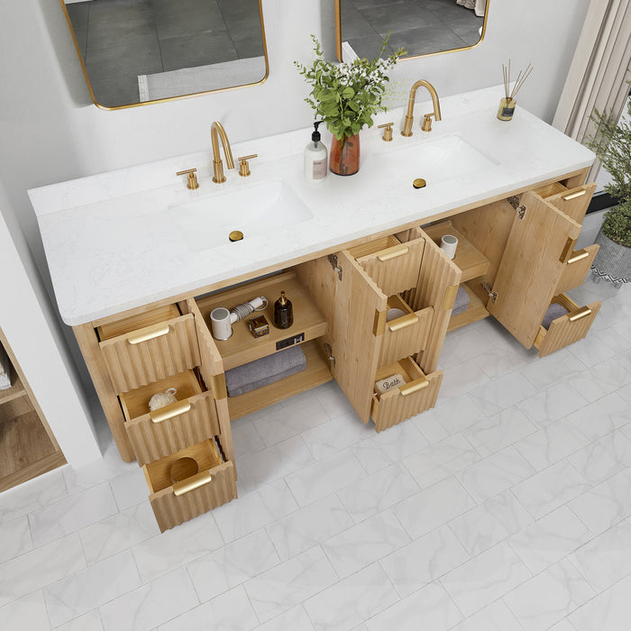 Cádiz 84in. Free-standing Double Bathroom Vanity in Washed Ash Grey with Composite top in Lightning White and Mirror