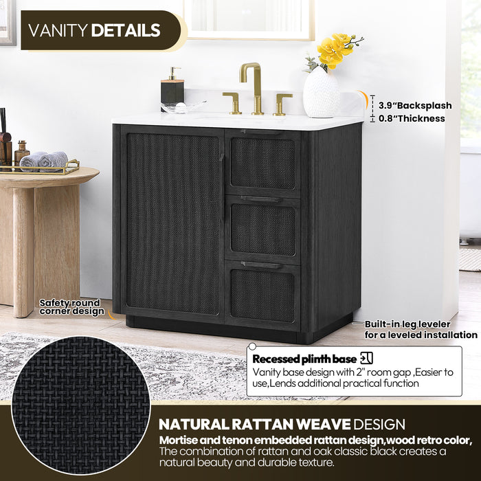 36 Inch Freestanding Plume Oak Black Bathroom Vanity with Fish Maw White Quartz Top and Soft-Close Drawers