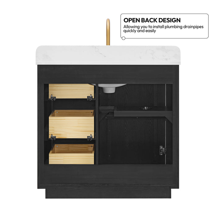 36 Inch Freestanding Plume Oak Black Bathroom Vanity with Fish Maw White Quartz Top and Soft-Close Drawers