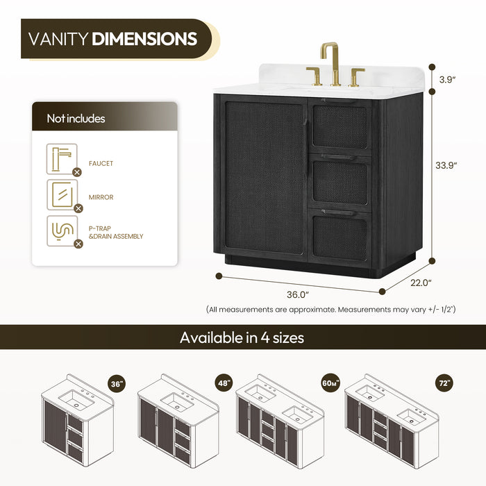 36 Inch Freestanding Plume Oak Black Bathroom Vanity with Fish Maw White Quartz Top and Soft-Close Drawers