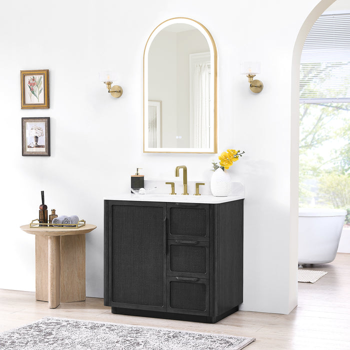 36 Inch Freestanding Plume Oak Black Bathroom Vanity with Fish Maw White Quartz Top and Soft-Close Drawers