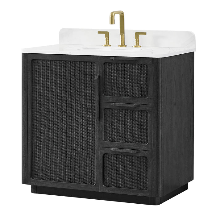 36 Inch Freestanding Plume Oak Black Bathroom Vanity with Fish Maw White Quartz Top and Soft-Close Drawers