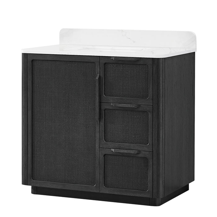 36 Inch Freestanding Plume Oak Black Bathroom Vanity with Fish Maw White Quartz Top and Soft-Close Drawers