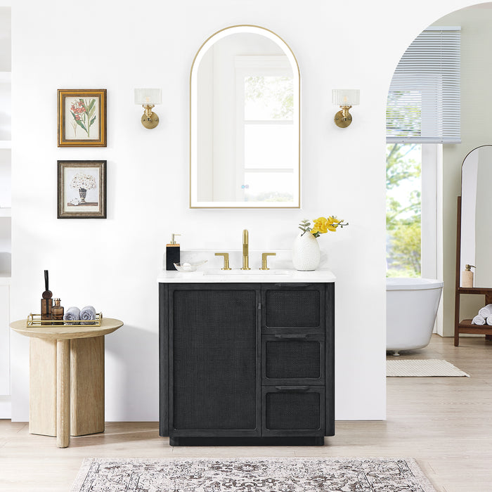 36 Inch Freestanding Plume Oak Black Bathroom Vanity with Fish Maw White Quartz Top and Soft-Close Drawers
