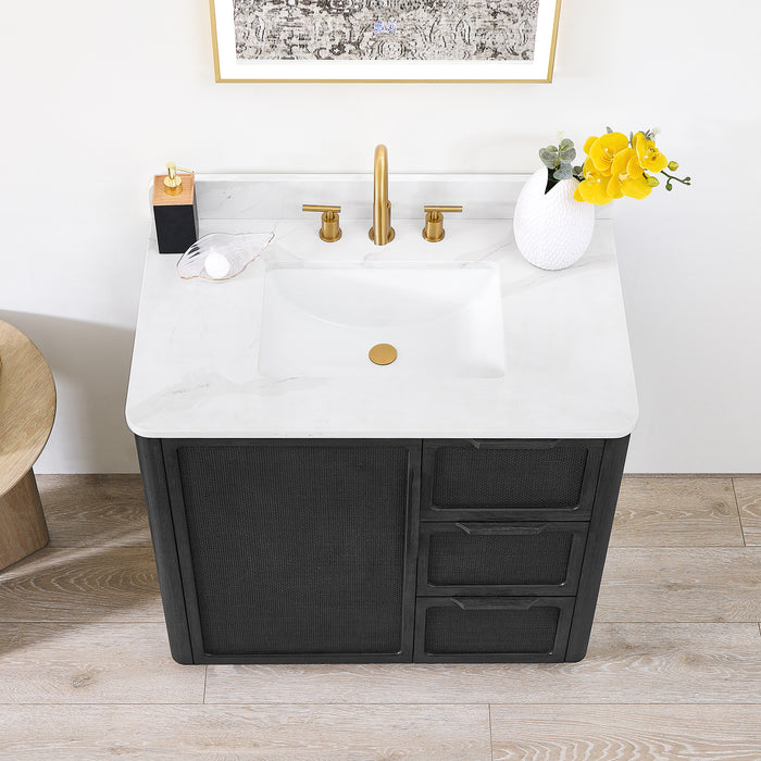 36 Inch Freestanding Plume Oak Black Bathroom Vanity with Fish Maw White Quartz Top and Soft-Close Drawers