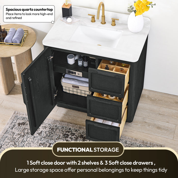 36 Inch Freestanding Plume Oak Black Bathroom Vanity with Fish Maw White Quartz Top and Soft-Close Drawers