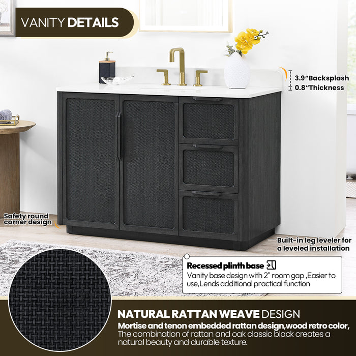 48 Inch Juniper Freestanding Oak Bathroom Vanity Cabinet with White Quartz Stone Top - With Classic Black Finish