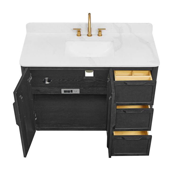 48 Inch Juniper Freestanding Oak Bathroom Vanity Cabinet with White Quartz Stone Top - With Classic Black Finish