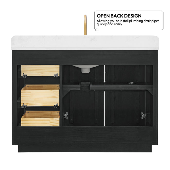 48 Inch Juniper Freestanding Oak Bathroom Vanity Cabinet with White Quartz Stone Top - With Classic Black Finish