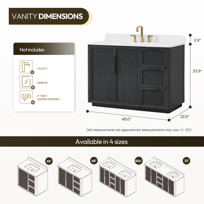 48 Inch Juniper Freestanding Oak Bathroom Vanity Cabinet with White Quartz Stone Top - With Classic Black Finish