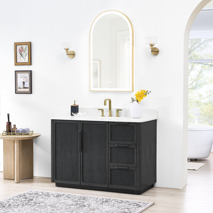 48 Inch Juniper Freestanding Oak Bathroom Vanity Cabinet with White Quartz Stone Top - With Classic Black Finish