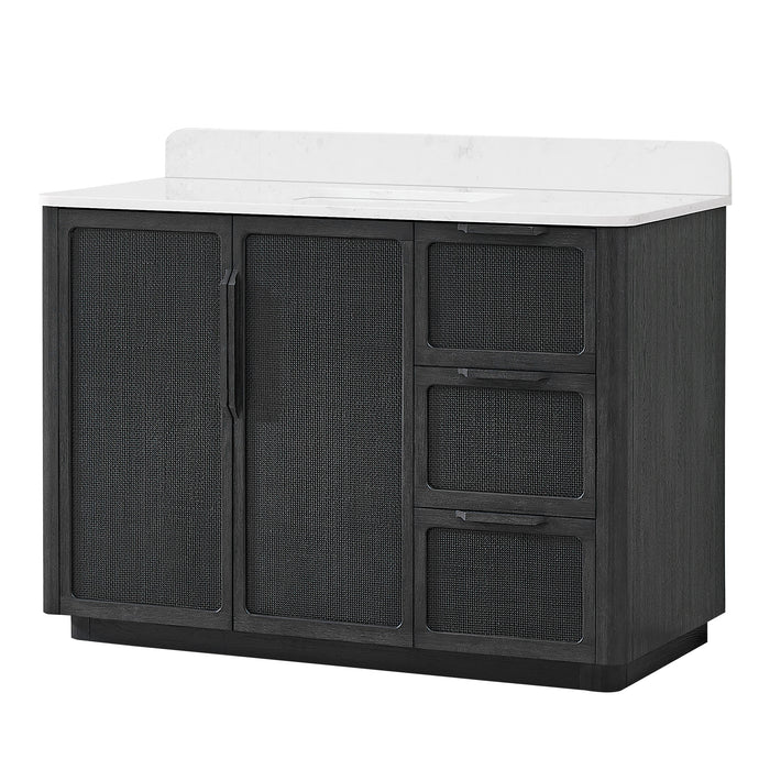 48 Inch Juniper Freestanding Oak Bathroom Vanity Cabinet with White Quartz Stone Top - With Classic Black Finish
