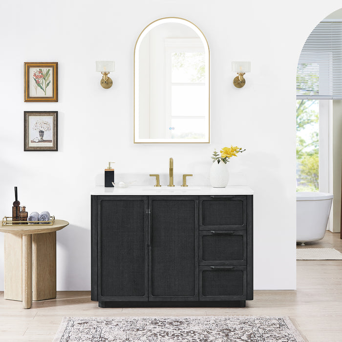 48 Inch Juniper Freestanding Oak Bathroom Vanity Cabinet with White Quartz Stone Top - With Classic Black Finish