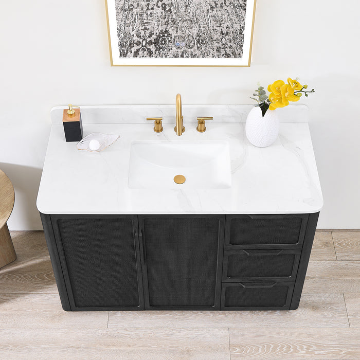 48 Inch Juniper Freestanding Oak Bathroom Vanity Cabinet with White Quartz Stone Top - With Classic Black Finish