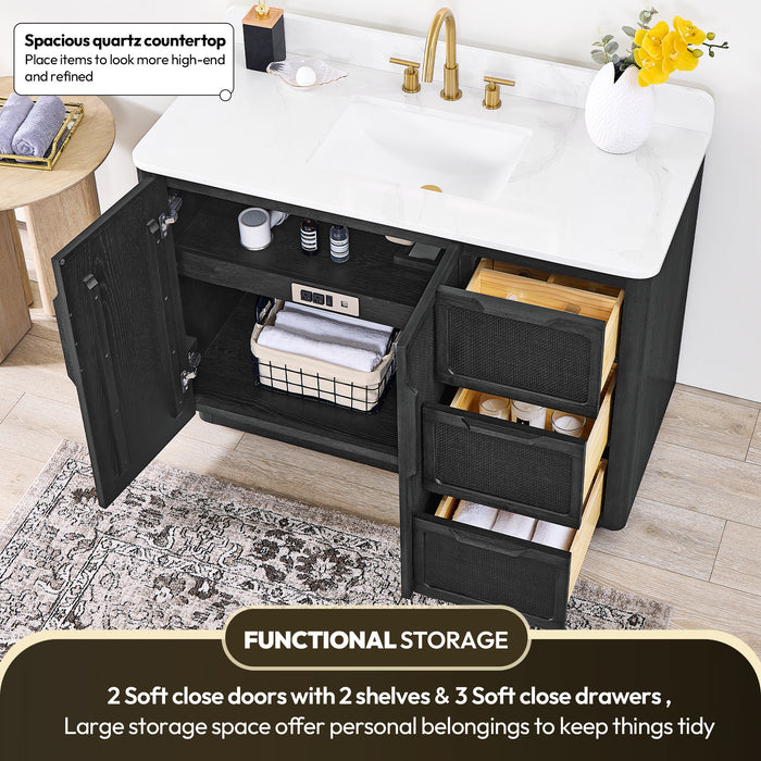 48 Inch Juniper Freestanding Oak Bathroom Vanity Cabinet with White Quartz Stone Top - With Classic Black Finish