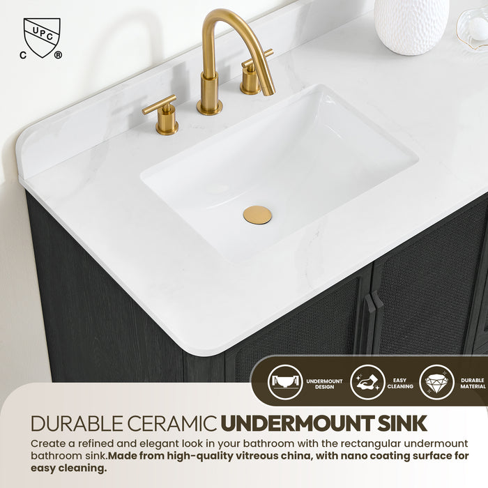 48 Inch Juniper Freestanding Oak Bathroom Vanity Cabinet with White Quartz Stone Top - With Classic Black Finish