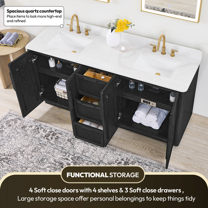 Busan 72" Free-standing Double Bath Vanity in Oak Classic Black with Fish Maw White Quartz Stone Top