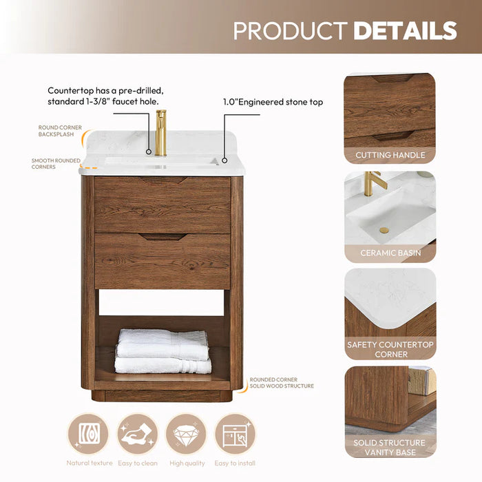 24-Inch Free-Standing Stream Oak Bathroom Vanity Weathered Brown Single Sink with Grain Stone Top
