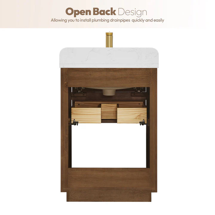 24-Inch Free-Standing Stream Oak Bathroom Vanity Weathered Brown Single Sink with Grain Stone Top