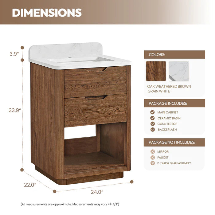 24-Inch Free-Standing Stream Oak Bathroom Vanity Weathered Brown Single Sink with Grain Stone Top