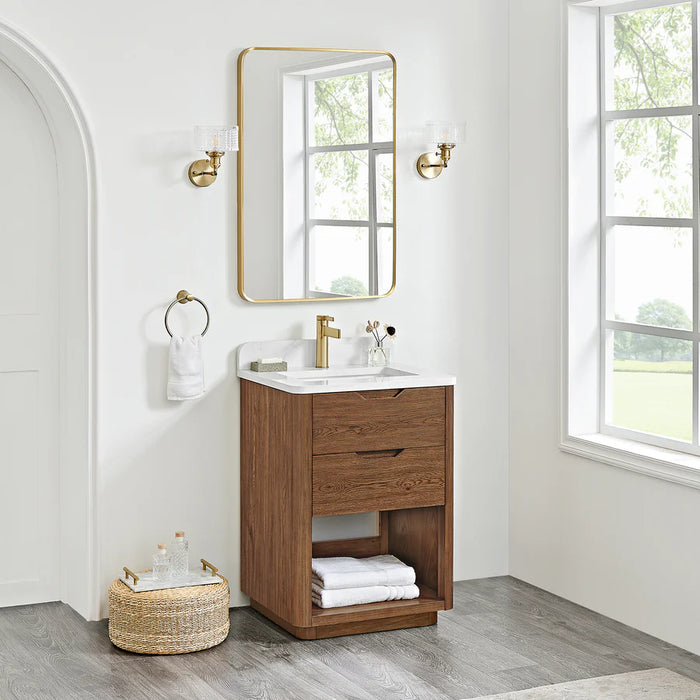 24-Inch Free-Standing Stream Oak Bathroom Vanity Weathered Brown Single Sink with Grain Stone Top
