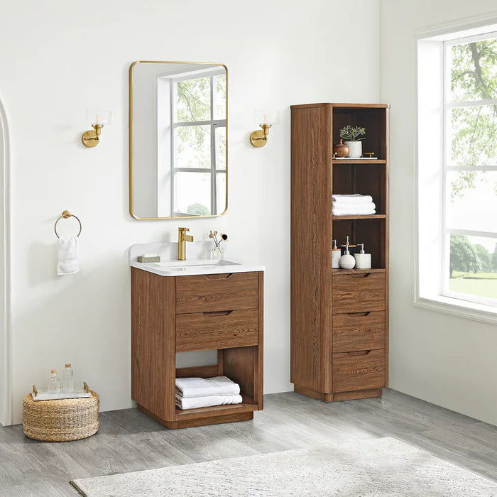 24-Inch Free-Standing Stream Oak Bathroom Vanity Weathered Brown Single Sink with Grain Stone Top
