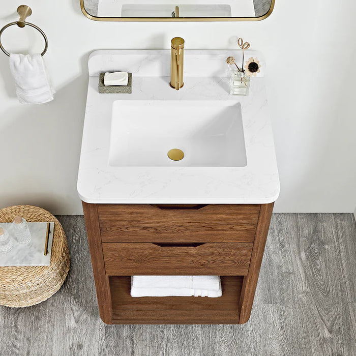 24-Inch Free-Standing Stream Oak Bathroom Vanity Weathered Brown Single Sink with Grain Stone Top