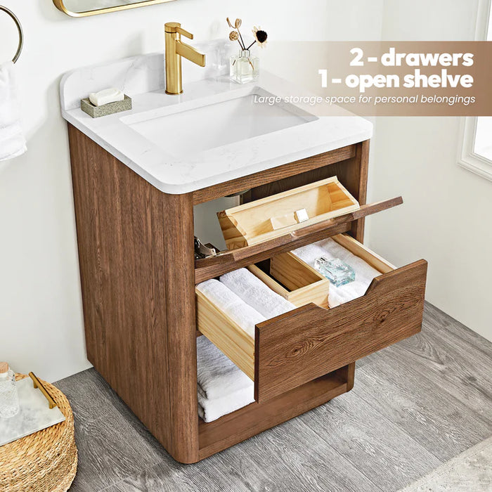 24-Inch Free-Standing Stream Oak Bathroom Vanity Weathered Brown Single Sink with Grain Stone Top