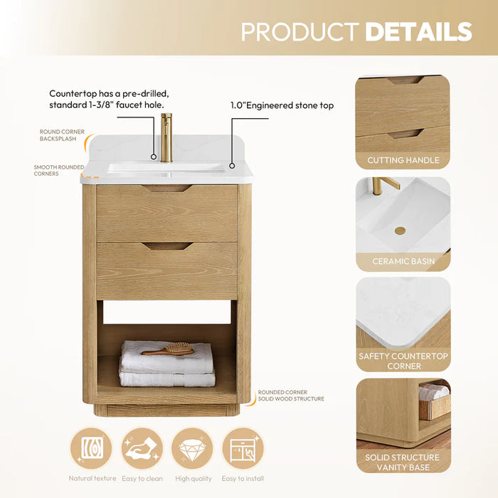 24-Inch Washed Ash Grey Opal Single Vanity Free-Standing Modern with Soft-Close Drawers