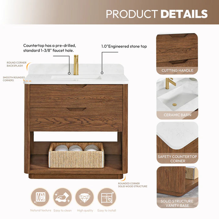 36-Inch Granite Oak Weathered Brown Freestanding Single Bathroom Vanity with White Grain Stone Top