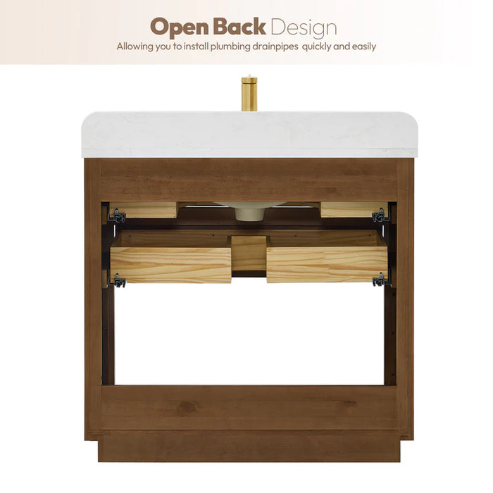 36-Inch Granite Oak Weathered Brown Freestanding Single Bathroom Vanity with White Grain Stone Top