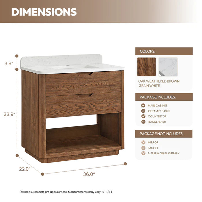 36-Inch Granite Oak Weathered Brown Freestanding Single Bathroom Vanity with White Grain Stone Top