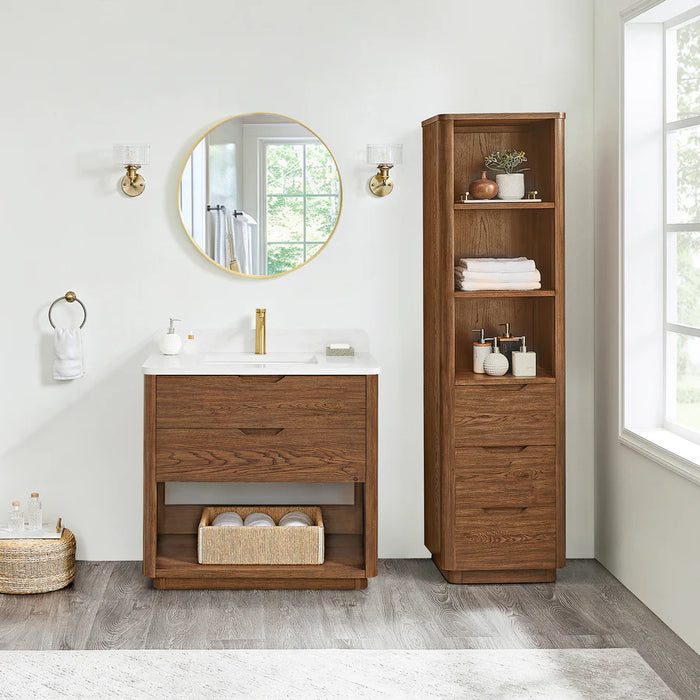 36-Inch Granite Oak Weathered Brown Freestanding Single Bathroom Vanity with White Grain Stone Top