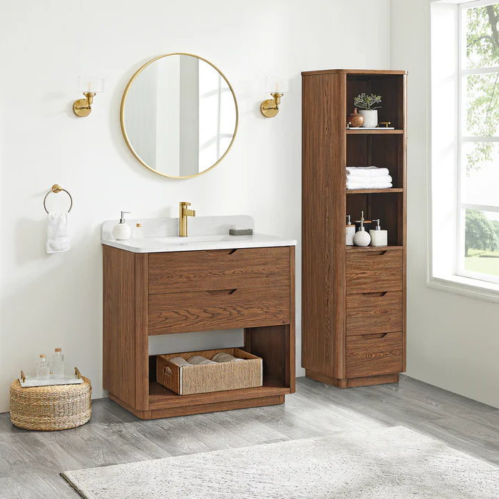 36-Inch Granite Oak Weathered Brown Freestanding Single Bathroom Vanity with White Grain Stone Top