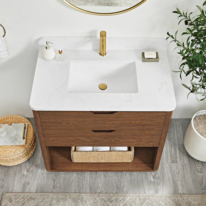 36-Inch Granite Oak Weathered Brown Freestanding Single Bathroom Vanity with White Grain Stone Top