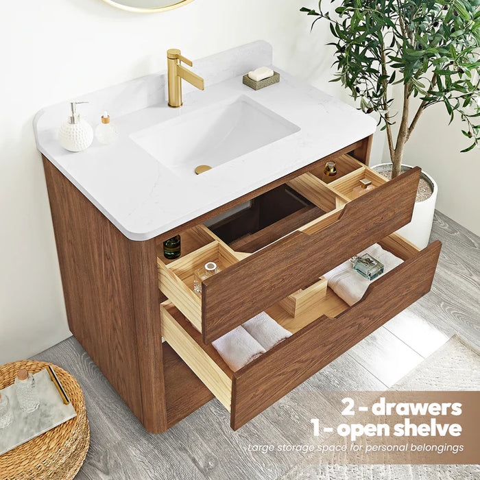 36-Inch Granite Oak Weathered Brown Freestanding Single Bathroom Vanity with White Grain Stone Top