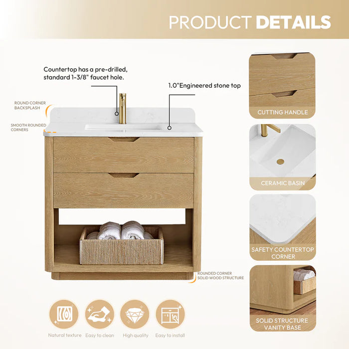 36-Inch Hearth Solid Wood Free-Standing Bathroom Vanity in Washed Ash Grey with White Grain Stone Top